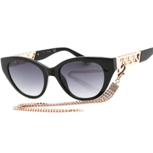 Guess Women's Sunglasses Shiny Black Cat Eye Shape Hanging Jewel | GU7690 0  NEW - Picture 1 of 6